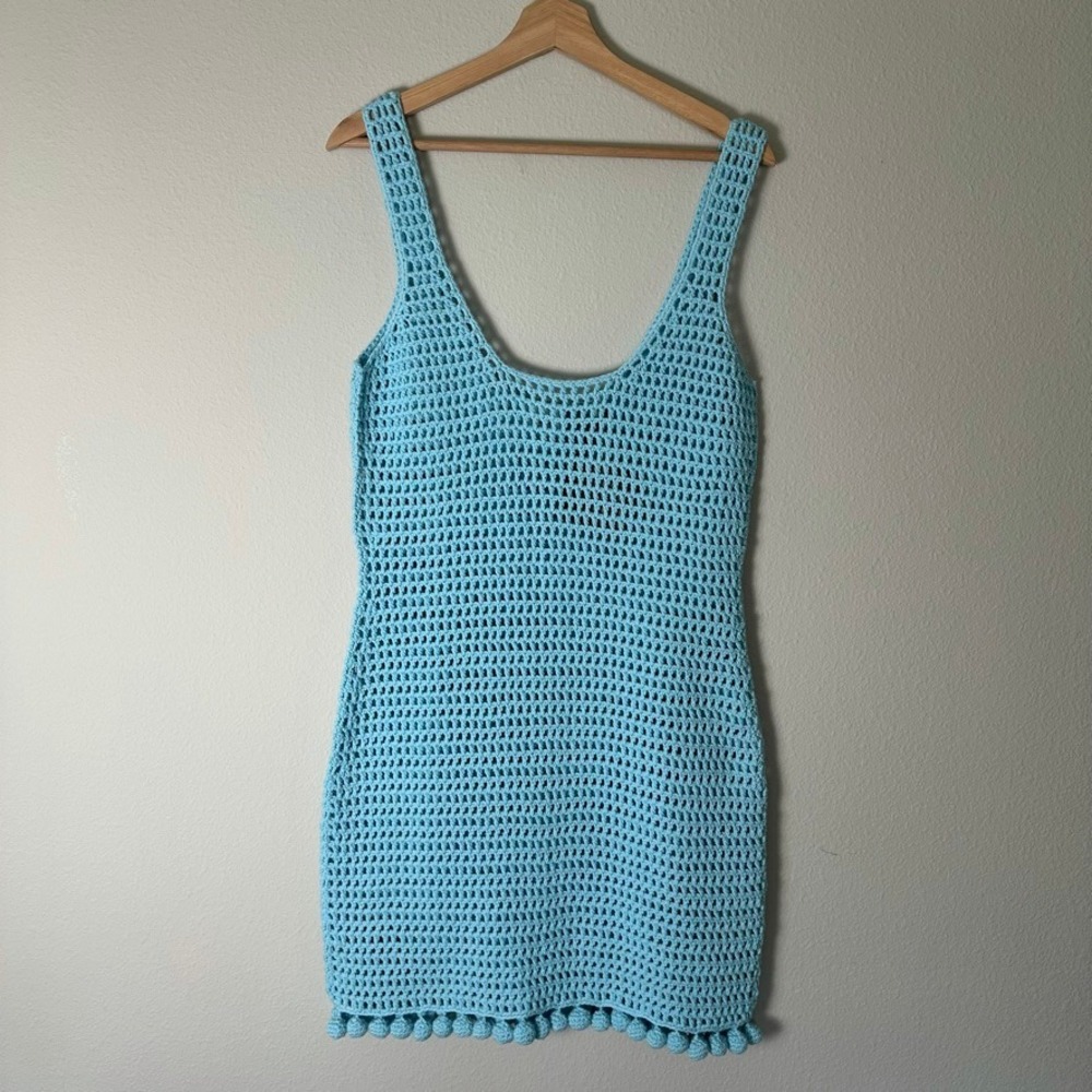 Burberry Blue Crochet Pom-Pom Trim Mini Dress Cover-Up NWT Womens M Beachy Boho - Picture 2 of 9